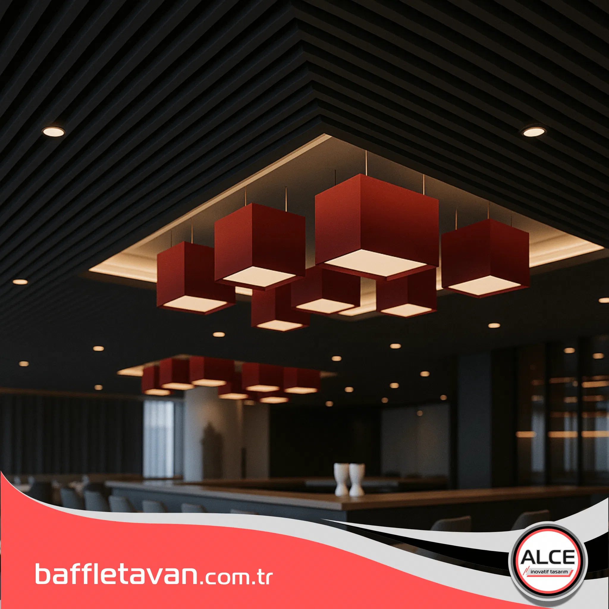 Sert yüzeylerin yoğun olduğu restoran ve lobi gibi alanlarda, standart baffle paneller ses dalgalarını kırarak ve dağıtarak (difüzyon) yankılanmayı kontrol altına alır ve daha konforlu bir akustik ortam yaratır.