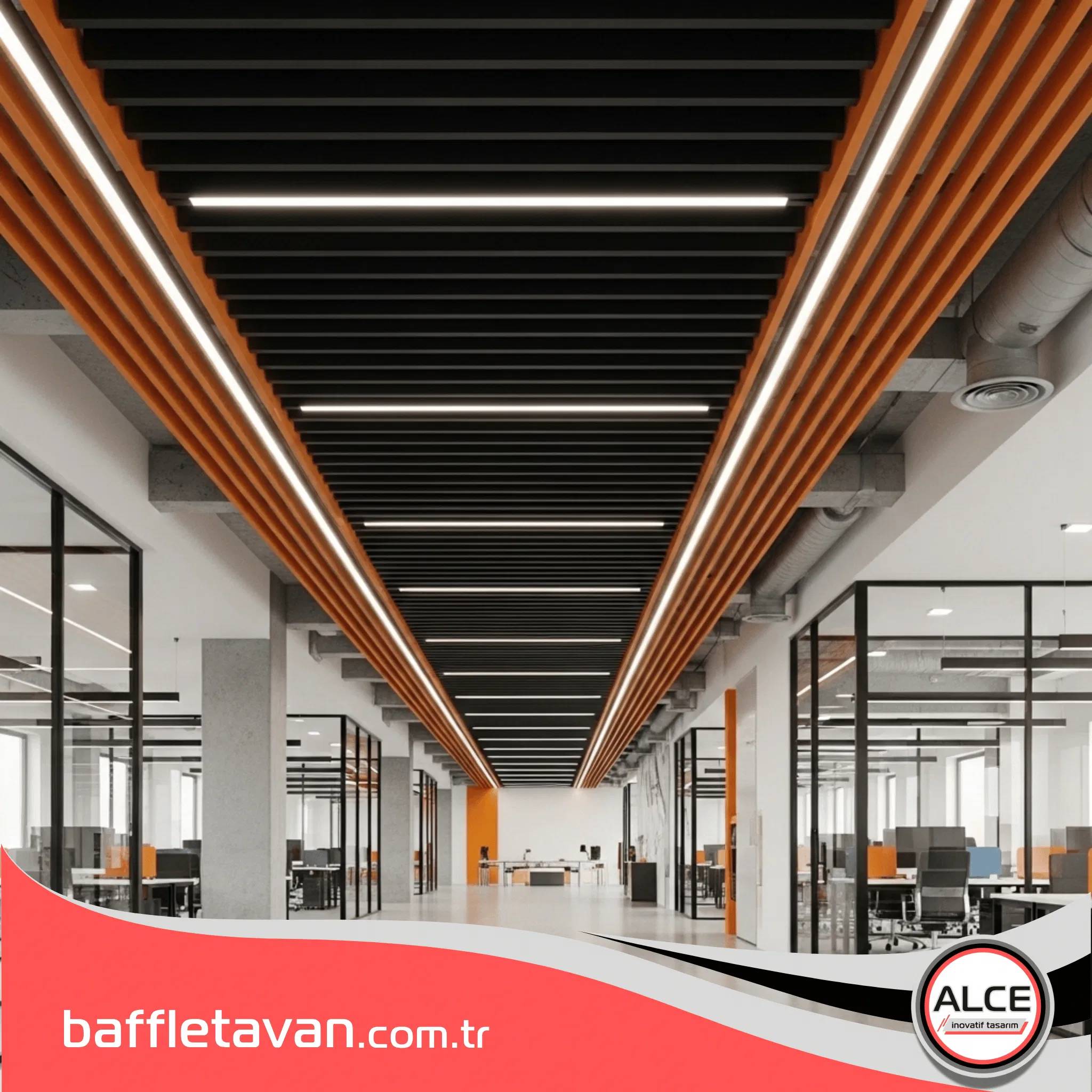 Açık ve aralıklı panel yapısı, büyük havalandırma (HVAC) kanalları gibi teknik donanımların tavan sistemiyle bütünleşmesine olanak tanırken, hacimsel ferahlık algısını korur.